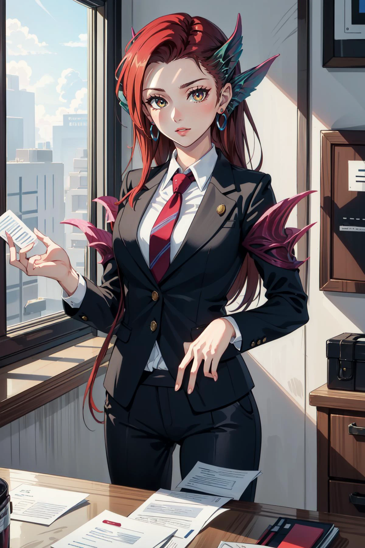 (masterpiece, best quality), intricate details,
1girl, <lora:zyra:0.8> zyra,
(business suit:1.3), trading stocks, stock market, tie, brief case, papers,
