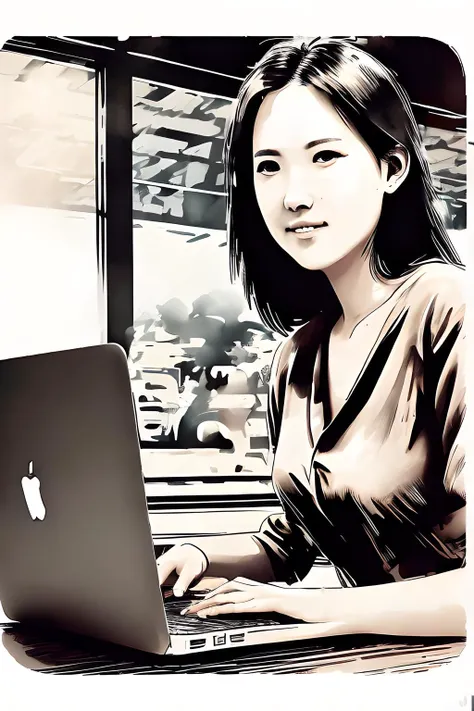 ink_style , female, portrait of woman, using macbook, coffee shop background, wearing blouse , <lora:InkStyle:1> <lora:AliceOu:1>