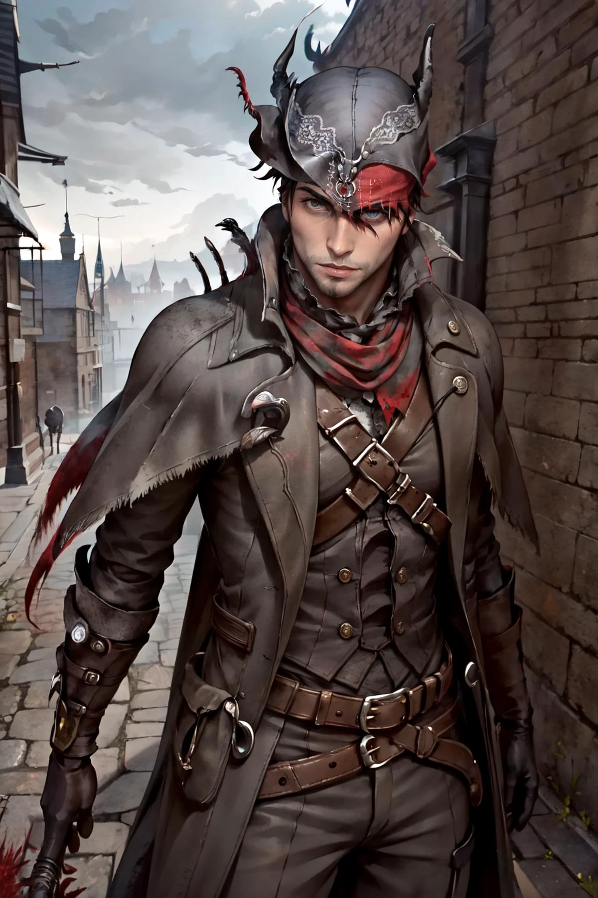 Highly detailed, High Quality, Masterpiece, beautiful, edgBB, black gloves, belt, coat, torn clothes, capelet, gauntlets,arms at sides, vambraces, black capelet, tricorn, hunter (bloodborne), man wearing edgBB_outfit, <lora:Outfit_BloodborneHunter:0.8>, Ricardo, red bandana on the head, <lora:Char_Sigmas_RicardoMilos:0.9>, castle, village, old city, fog, fighting stance,