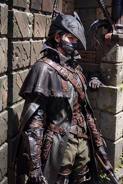 (best quality, high resolution, extremely detailed,grainy:1.2), <lora:edgBloodborne:0.85> , edgBB leaning on wall, from side, (looking down:1.1), black gloves, belt, coat, (torn clothes:1.1),  capelet, gauntlets,arms at sides, vambraces, black capelet, (tricorn:1.1), hunter (bloodborne), woman wearing edgBB_outfit, detailed clothing, expensive clothing, hiding face, smirk, mask, holding weapon, dagger,