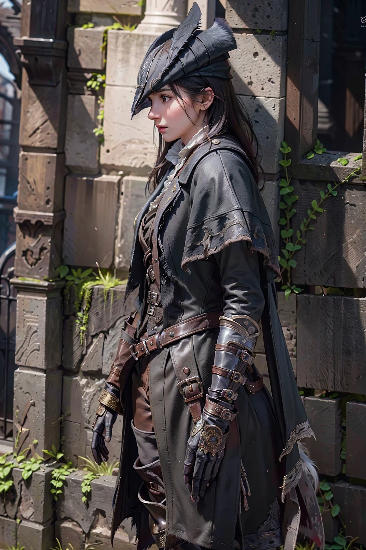 (best quality, high resolution, extremely detailed,grainy:1.2), <lora:edgBloodborne:0.85> , edgBB leaning on wall, from side, looking down, black gloves, belt, coat, torn clothes, capelet, gauntlets,arms at sides, vambraces, black capelet, tricorn, hunter (bloodborne), woman wearing edgBB_outfit, detailed clothing, expensive clothing,