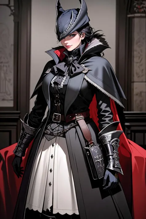 ((Masterpiece, best quality)),edgQuality,smirk,smug,posing for a picture
edgBB, solo, gloves, 1girl, black gloves, belt, coat, torn clothes, capelet, gauntlets,arms at sides, vambraces, black capelet, tricorn, hunter (bloodborne) ,woman wearing edgBB_outfit
<lora:edgBloodborne:0.8>