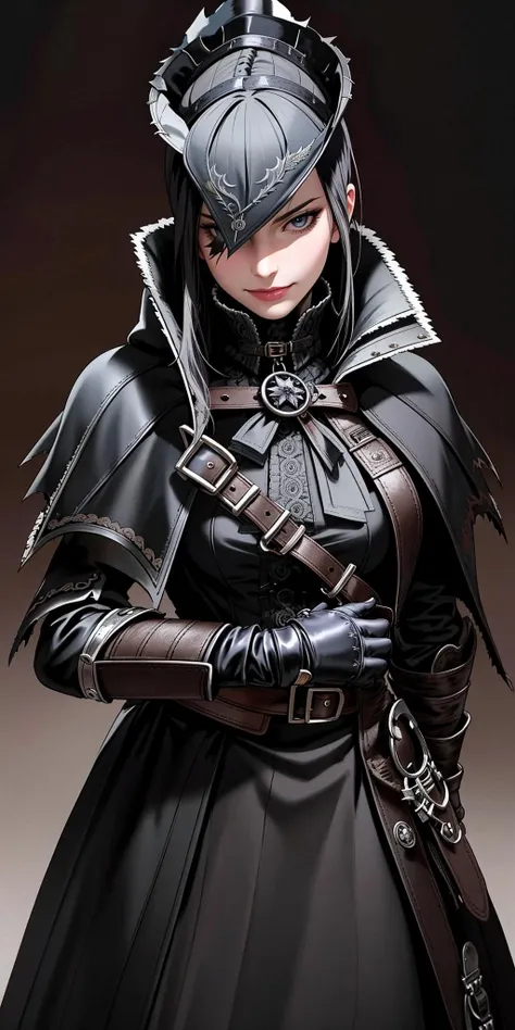 ((Masterpiece, best quality)),edgQuality,smirk,smug,posing for a picture
edgBB, solo, gloves, 1girl, black gloves, belt, coat, torn clothes, capelet, gauntlets,arms at sides, vambraces, black capelet, tricorn, hunter (bloodborne) ,woman wearing edgBB_outfit
<lora:edgBloodborne:0.8>