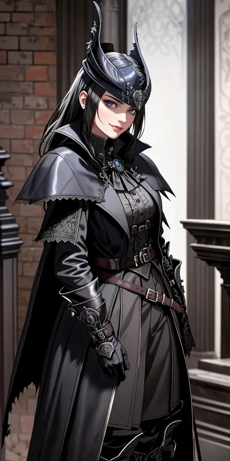 ((Masterpiece, best quality)),edgQuality,smirk,smug,posing for a picture
edgBB, solo, gloves, 1girl,  black gloves, belt, coat, torn clothes,  capelet, gauntlets,arms at sides, vambraces, black capelet, tricorn, hunter (bloodborne) ,woman wearing edgBB_outfit
<lora:edgBloodborne:0.8>