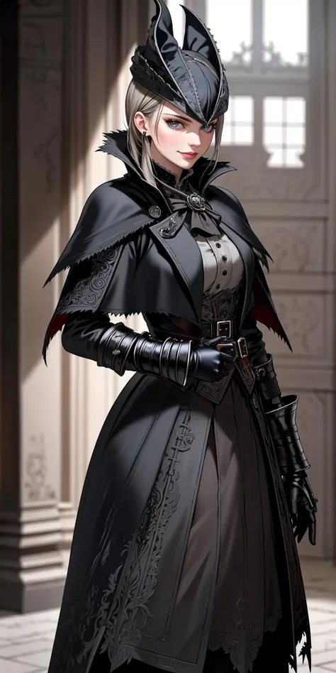 ((Masterpiece, best quality)),edgQuality,smirk,smug,posing for a picture
edgBB, solo, gloves, 1girl,  black gloves, belt, coat, torn clothes,  capelet, gauntlets,arms at sides, vambraces, black capelet, tricorn, hunter (bloodborne) ,woman wearing edgBB_outfit
<lora:edgBloodborne:0.8>