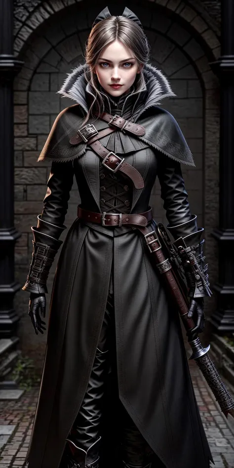 ((Masterpiece, best quality)),edgQuality,smirk,smug,posing for a picture
edgBB, solo, gloves, 1girl, black gloves, belt, coat, torn clothes, capelet, gauntlets,arms at sides, vambraces, black capelet, tricorn, hunter (bloodborne) ,woman wearing edgBB_outfit
<lora:edgBloodborne:0.8>
