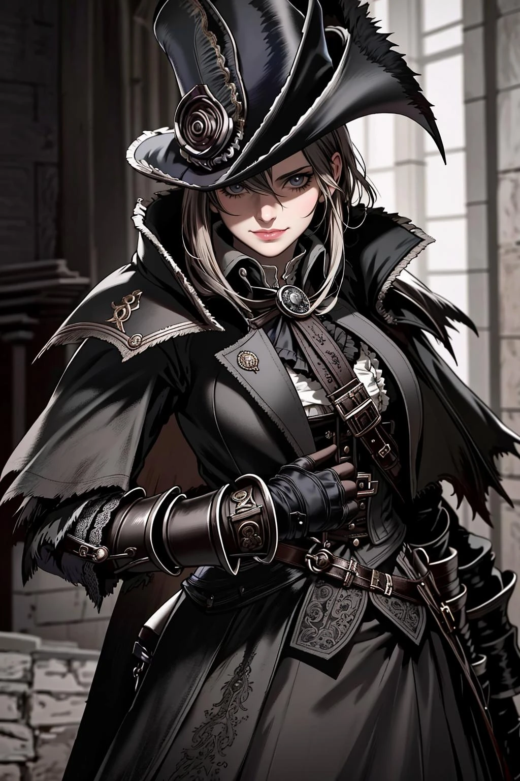 ((Masterpiece, best quality)),edgQuality,smirk,smug,posing for a picture
edgBB, solo, gloves, 1girl, hat, black gloves, belt, coat, torn clothes, black headwear, capelet, gauntlets,arms at sides, vambraces, black capelet, tricorne, hunter (bloodborne) ,woman wearing edgBB_outfit
<lora:edgBloodborne:1>