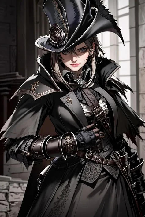 ((Masterpiece, best quality)),edgQuality,smirk,smug,posing for a picture
edgBB, solo, gloves, 1girl, hat, black gloves, belt, coat, torn clothes, black headwear, capelet, gauntlets,arms at sides, vambraces, black capelet,  tricorne, hunter (bloodborne) ,woman wearing edgBB_outfit
<lora:edgBloodborne:1>