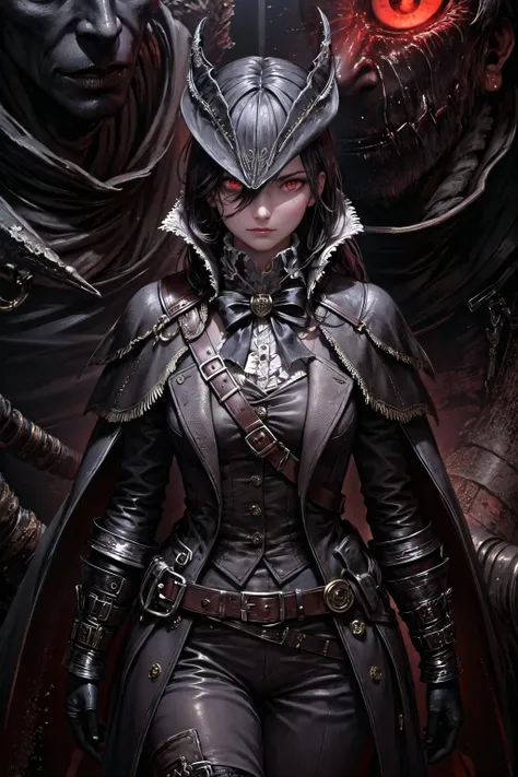 (highly detailed:1.3),
1girl, solo, smug, (red eyes:1.3), (glowing eyes:1.2), elegant, mesmerizing,
<lora:edgBloodborne:0.8>, edgBB,gown, black gloves, belt, coat, torn clothes, capelet, gauntlets, arms at sides, vambraces, black capelet, tricorn,hat, hunter (bloodborne), woman wearing edgBB_outfit,<lora:add_detail:0.5>,
Ultra-detail, (highres:1.1), best quality, (masterpiece:1.3), cinematic lighting,
(highly detailed face and eyes:1.1),
BREAK
(Merge colors together in a dynamic fusion, with overlapping layers, blending techniques, and spontaneous gestures that create a visually rich and harmoniously chaotic composition:1.3)