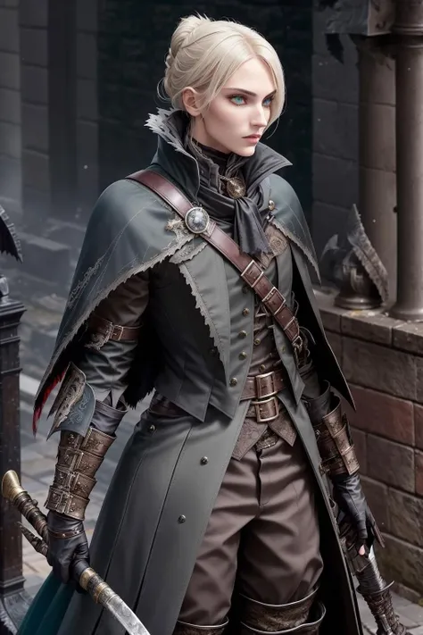 a action photo of a spare warrior, intricate, edgBB, torn clothes, belt, gauntlets, tricorn, vambraces, black gloves, hunter (bloodborne), black capelet, capelet, coat, woman wearing edgBB_outfit, <lora:edgBloodborne:0.8>, glamorous, perfect face, teal eyes, ash blonde hair, big hair, flat chest, under a starry sky,