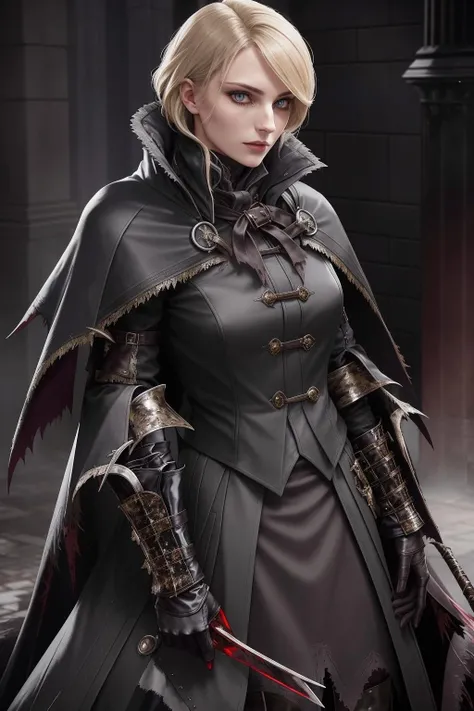 a portrait of a [temptress|babe], edgBB, tricorn, black gloves, coat, torn clothes, hunter (bloodborne), capelet, gauntlets, arms at sides, woman wearing edgBB_outfit, <lora:edgBloodborne:0.8>, perfect face, pretty face, amethyst eyes, natural blonde hair, very short hair, large breasts, lush detail, absurdres,