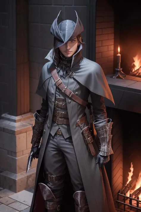 a commercial photo of a long-shanked lifeguard, sunset, edgBB, belt, black capelet, coat, black gloves, vambraces, hunter (bloodborne), gauntlets, tricorn, woman wearing edgBB_outfit, <lora:edgBloodborne:0.8>,  sexy, perfect face, silver eyes, titian hair, big hair, flat chest, in front of fireplace,