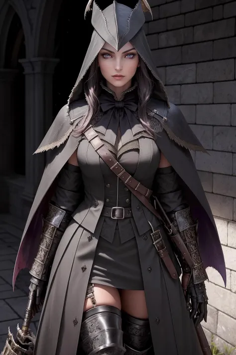 a photo of a beautiful warrior, standing, temptress, edgBB, hunter (bloodborne), coat, black gloves, torn clothes, gauntlets, black capelet, vambraces, tricorn, arms at sides, belt, woman wearing edgBB_outfit, <lora:edgBloodborne:0.8>, cowboy shot, extremely detailed, dark, soft shadow, feminine, detailed skin, perfect face, realistic eyes, purple eyes, hair over breasts, surreal background, on a hill,