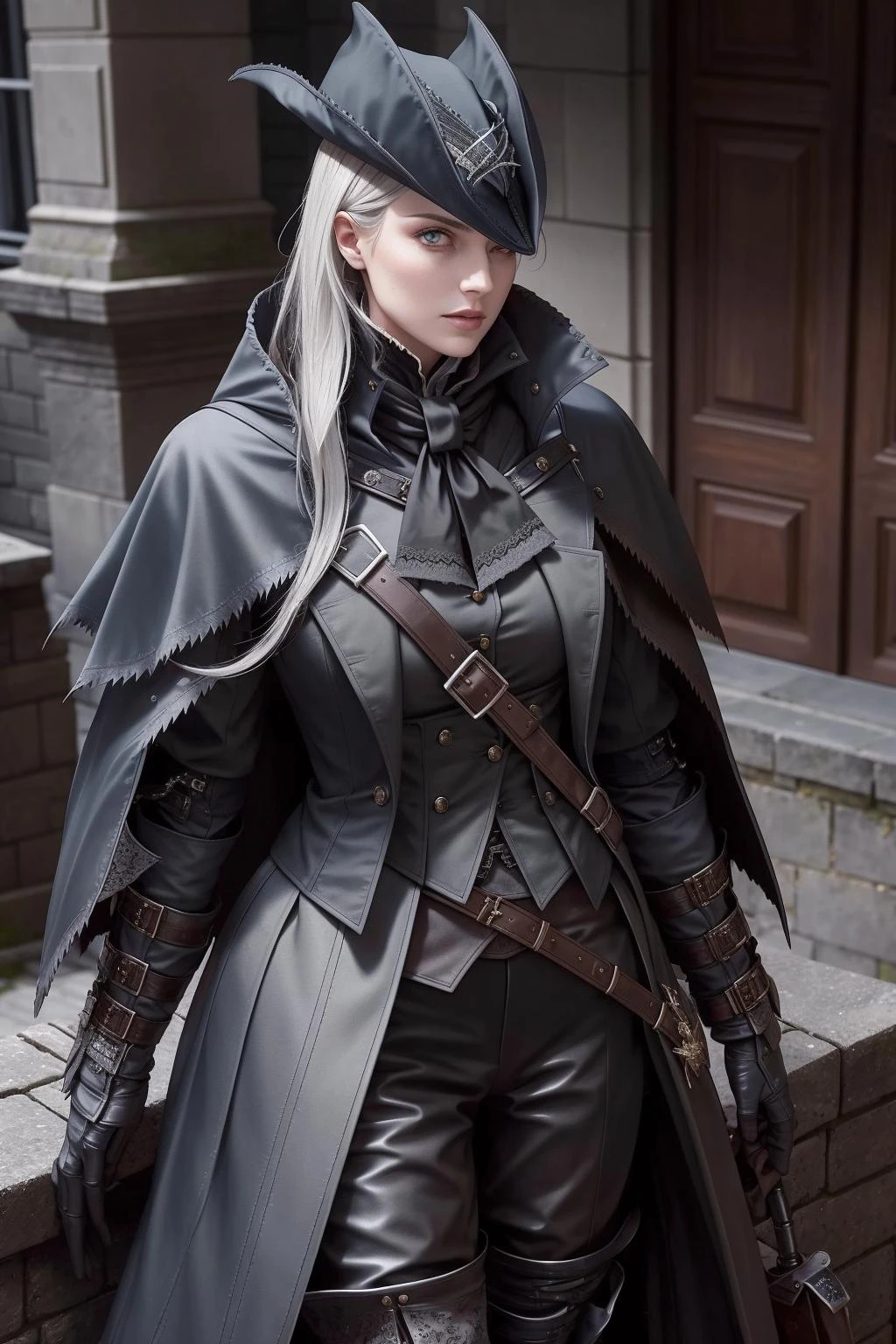 a lifestyle photo of a substantial police, crisp lighting, edgBB, torn clothes, coat, vambraces, black capelet, capelet, hunter (bloodborne), black gloves, arms at sides, tricorn, belt, woman wearing edgBB_outfit, <lora:edgBloodborne:0.8>, flamboyant, perfect face, silver eyes, titian hair, very long hair, small breasts, on a haystack,