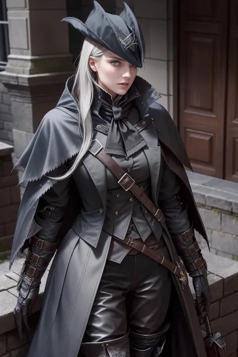 a lifestyle photo of a substantial police, crisp lighting, edgBB, torn clothes, coat, vambraces, black capelet, capelet, hunter (bloodborne), black gloves, arms at sides, tricorn, belt, woman wearing edgBB_outfit, <lora:edgBloodborne:0.8>,  flamboyant, perfect face, silver eyes, titian hair, very long hair, small breasts, on a haystack,