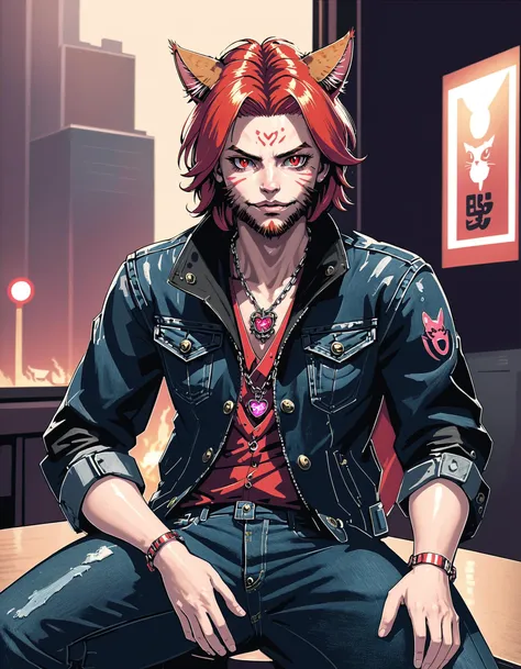 reshadexl, red theme, solo, looking at viewer, red eyes, 1boy, navel, animal ears, jewelry, sitting, jacket, male focus, red hair, open clothes, pants, cat ears, necklace, facial hair, chain, facial mark, denim, beard, jeans, miqo'te, cat boy, neon lighting, side lighting, duochrome, duotone <lora:ReShadeSDXL:0.8>