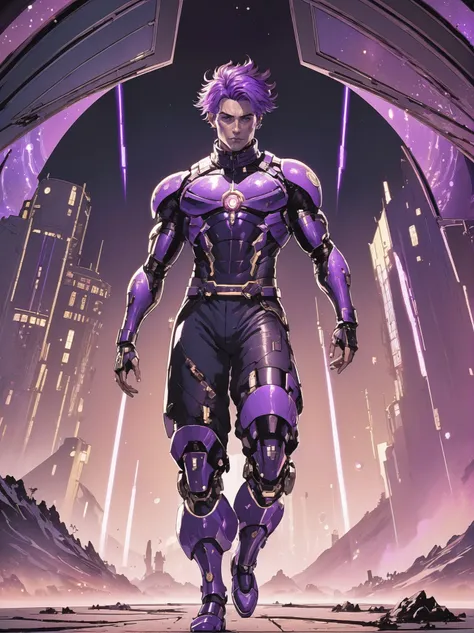 (full body:1.2), 1boy, man, solo, [:creative costume design,:0.2] alchemist, caucasian, purple hair, (muscular:1) build, a Liminal,solemn scifi cosmic arcology at the end of time, masterpiece<lora:EnvyBetterHiresFixXL01:0@0,0@.49,1@.5:hr=1>