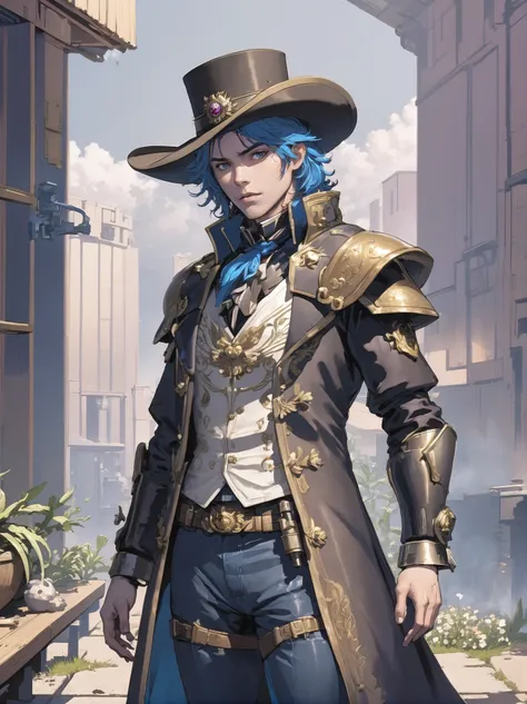 (full body:1.2), 1boy, man, bishounen, solo, [:epic costume design,:0.2] gunslinger, caucasian, mediumblue hair, (average:1) build, Oxygen Production Plants<lora:EnvyBetterHiresFixXL01:0@0,0@.49,1@.5:hr=1>