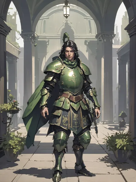 (full body:1.2), 1boy, man, solo, [:formal costume design,:0.2] artificer, matte forestgreen (ancient iron plate armor,shield,chestplate,helmet,gauntlets,bracers:1), caucasian, dark palegreen hair, (average:1.2) build, Scriptorium \(room\) <lora:EnvyBetterHiresFixXL01:0@0,0@.49,1@.5:hr=1>