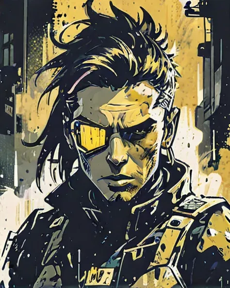 male <lora:LCM_LoRA_Weights:1> <lora:Dark_Novel:0.7> <lora:d\EnvyAwesomizeXL01:0.8> awesomize BREAK Style-GravityMagic solo upper-body looking-away detailed-background detailed-face (naval-marine-military-theme:1.1) cyberpunk-soldier electronic-warfare-expert wearing-mustard-metal-armor wires battle-worn-equipment head-up-display laser-sights emblem bionic-eye dynamic-pose cybernetics army-in-background floating-particles intense-atmosphere