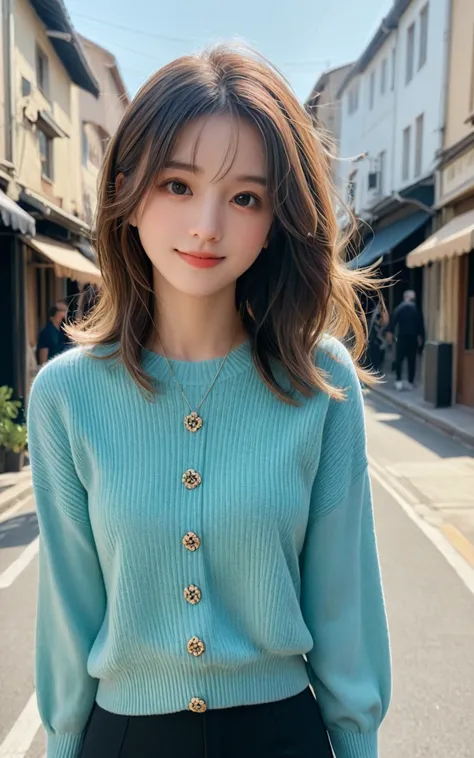 personal，Young Girls，24 years old, Green winter clothing，Fine hairs, Delicate face, Short hair details, Beauty mark，whole body，Ha ha，sexy breast，Hips , Snow Scene
