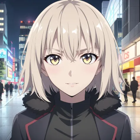 1girl, solo,ModernCloth, Shinjuku,<lora:JeanneAlterv1:0.75>,outdoor,street,city,night,(Upper_body),(Focus on her face),(light_smile:0.5), official art,extremely detailed CG unity 8k wallpaper, perfect lighting,Colorful, Bright_Front_face_Lighting,shiny skin, (masterpiece:1.0),(best_quality:1.0),
