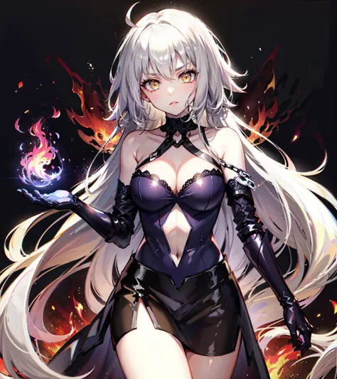 sovetsky_Soyuz, mystic blue eyes, long hair, earrings, choker, webbed belt, tactical, pouches, chains, black maid outfit, black apron, weapon Holster, webbed belt, tactical, pouches, frilly skirt, metal gloves, black thigh highs, Long eyelashes, eye shadow, long hair, large breasts, ominous vibe, expressionless, stoic, purple light glow, purple fire, shadowy, Ultra quality, UHD, high detail, anime aesthetic, Anime screenshot, Ultra quality, UHD, high detail