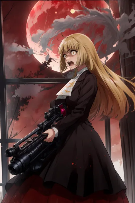 masterpiece,best quality,1girl,mature female, ushiromiya rosa, Rosa,long hair,main outfit, long red skirt, ushiromiya ascot,angry,constricted pupils, wide-eyed, open mouth, standing,looking to the side, gatling gun, forest, red sky, red full moon,  <lora:CHAR-Umineko-Ushiromiya Rosa-SOSDAN:0.7>, <lora:constricted_pupils_v0.2a:0.7>, <lora:gatling_gun_lora01:1> <lora:Concept-control tool-add_detail-CyberAIchemist:0.8>