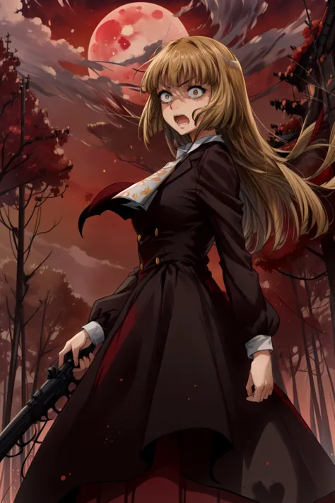 masterpiece,best quality,1girl,mature female, ushiromiya rosa, Rosa,long hair,main outfit, long red skirt, ushiromiya ascot,angry,constricted pupils, wide-eyed, open mouth, standing,looking to the side, handguns,holding weapon, forest, red sky, red full moon, <lora:CHAR-Umineko-Ushiromiya Rosa-SOSDAN:0.7>, <lora:constricted_pupils_v0.2a:0.7>, <lyco:Concept-Weapon-Better Guns-V1-LUUNA:1.0>, <lora:Concept-control tool-add_detail-CyberAIchemist:0.8>,