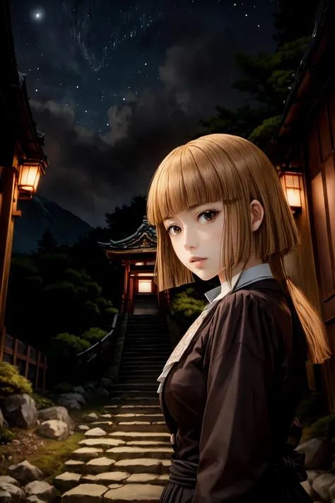 (masterpiece),(best quality), <lora:UshiromiyaRosa:0.8>, Rosa, main outfit, ushiromiya ascot, upper-body, portrait, stairs, japanese temple, moutain, forest, Torii, best quality, ((night)), <lora:Adddetail:0.7>, looking at the viewer