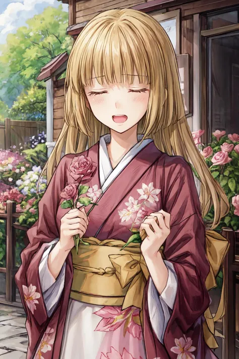 (masterpiece),(best quality), <lora:UshiromiyaRosa:0.8>, Rosa, kimono, smile,  garden, sakura, (sad:1.2), closed eyes, open mouth, best quality, looking at the viewer, <lora:Adddetail:0.8>