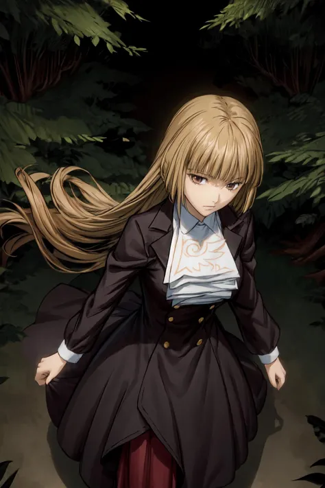 (masterpiece),(best quality), <lora:UshiromiyaRosa:1>, Rosa, main outfit, ushiromiya ascot, long red skirt ,(dark forest:1.2), night, running fast, hayaku, fog, (from above:1.2), <lora:Adddetail:0.9>