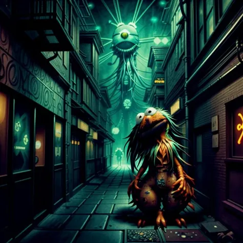 cyberpunk neon, night (parade:1.2), (elmo:1.4), dark alleyway, (muppets:1.1), puppets, eldritch horror, (oozing blood:1.1), skin flaps,(  in the style of Hieronymus Bosch:1.2),looming buildings, distorted perspective