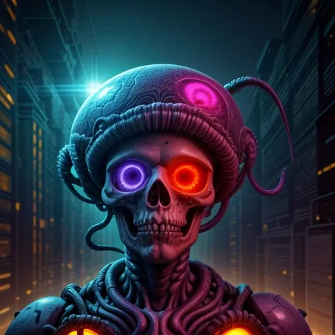 skull shaped nautilus, jellyfish tentacles, glowing transparent brain, alien mushrooms, flying over urban cityscape, golden hour, cyberpunk neon, vibrant watercolor pastels, bloom lighting, lens flare, art by H.R. Giger