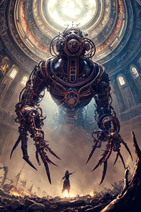 1girl,low angle shot of a steampunk cyborg by clive barker, intricate, elegant, highly detailed, centered, digital painting, artstation, concept art, smooth, sharp focus, illustration, artgerm, Tomasz Alen Kopera,Creepy creatures,(depth of field:1.2),metallic,(gleaming:1.1),(colorful:1.3),horror,the Apocalypse,functional beauty,Supermassive,divine,solemnity,
