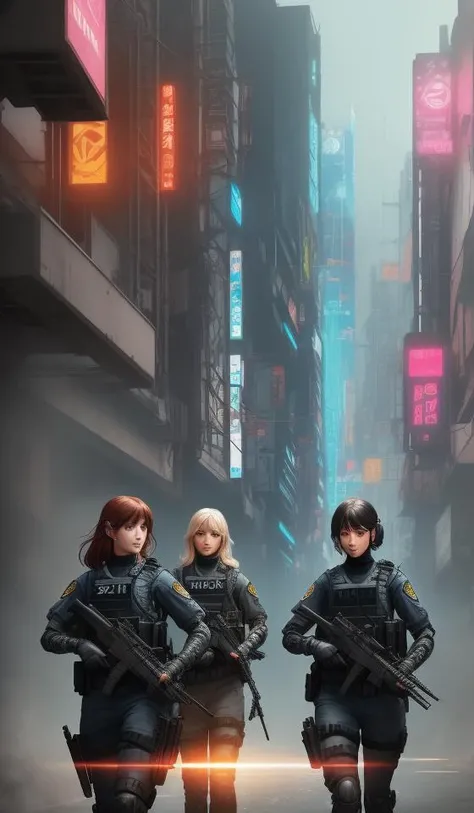 anime key visual of a team of multiple female swat officer ready to attack, neon, cyberpunk, futuristic, stunning, highly detailed, digital painting, smooth, soft focus, illustration, movie poster, japanese typography, digital art from artstation by artgerm and greg rutkowski and alphonse mucha
