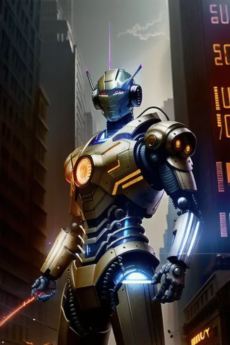 New York City 1960s, humanoid body, armor, robot, android, wires, red eyes, tone body, large build, male form, masculine, mechanical body, mechanical limbs, mechanical head, metal body, gears, wires, circuit boards, built in weapons (EnergyVeins:1.4), glowing, full body portrait, highly detailed, detailed face, detailed eyes, ultra realistic face, without blur, intensely real, cinematic lighting, 8k resolution concept art portrait by Greg Rutkowski, Artgerm, WLOP, Alphonse Mucha, hyper-detailed, intricately detailed, triadic colors