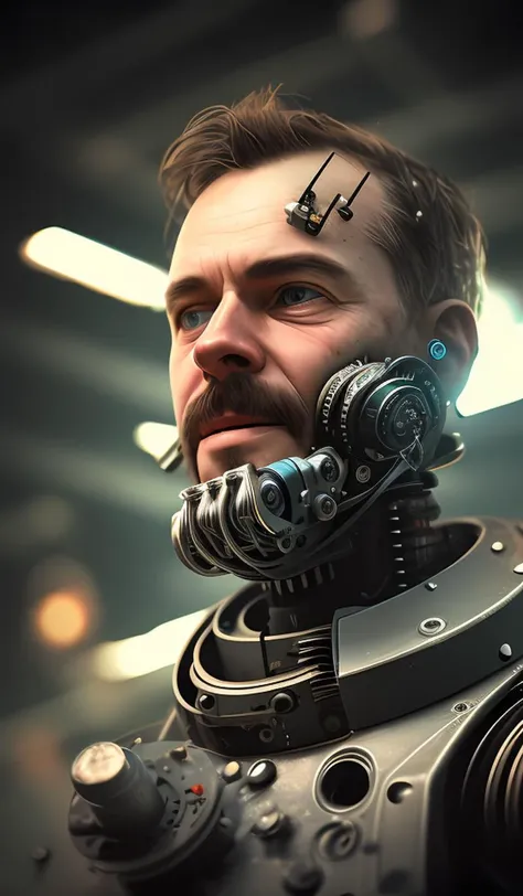 point at viewer,aim at viewer,handgun at viewer,intricate detail,men with long beard,Semi mechanical, solo,portrait512 Cyborg512 Tay512,electronics, motors, wires, buttons, lcd,,wasteland,ruin,dusty,dry,space, intricate, grand scale, alone, cinematic film still, insane detail, sharp focus, depth of field, realistic lighting, (realistic perspective), complex, (multiple subjects), 4k HDR,