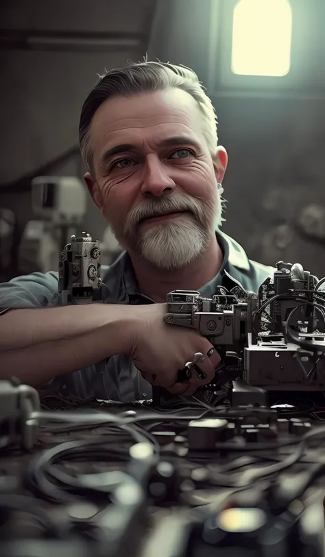 point at viewer,aim at viewer,handgun at viewer,intricate detail,men with long beard,Semi mechanical, solo,portrait512 Cyborg512 Tay512,electronics, motors, wires, buttons, lcd,,wasteland,ruin,dusty,dry,space, intricate, grand scale, alone, cinematic film still, insane detail, sharp focus, depth of field, realistic lighting, (realistic perspective), complex, (multiple subjects), 4k HDR,