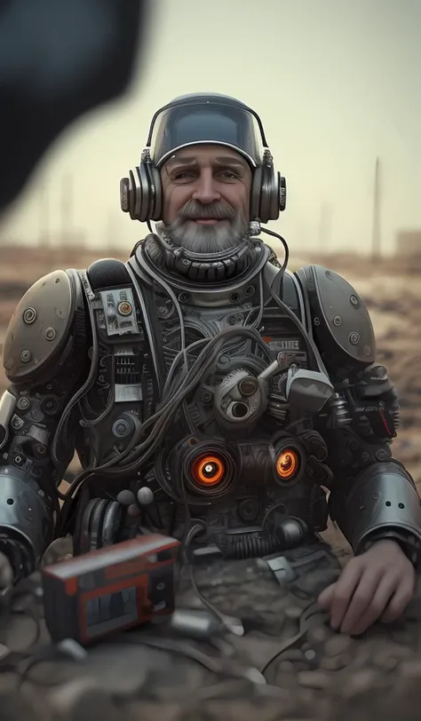point at viewer,aim at viewer,handgun at viewer,intricate detail,men with long beard,Semi mechanical, solo,portrait512 Cyborg512 Tay512,electronics, motors, wires, buttons, lcd,,wasteland,ruin,dusty,dry,space, intricate, grand scale, alone, cinematic film still, insane detail, sharp focus, depth of field, realistic lighting, (realistic perspective), complex, (multiple subjects), 4k HDR,