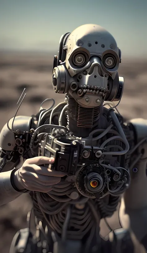 point at viewer,aim at viewer,handgun at viewer,intricate detail,men with long beard,Semi mechanical, solo,portrait512 Cyborg512 Tay512,electronics, motors, wires, buttons, lcd,,wasteland,ruin,dusty,dry,space, intricate, grand scale, alone, cinematic film still, insane detail, sharp focus, depth of field, realistic lighting, (realistic perspective), complex, (multiple subjects), 4k HDR,