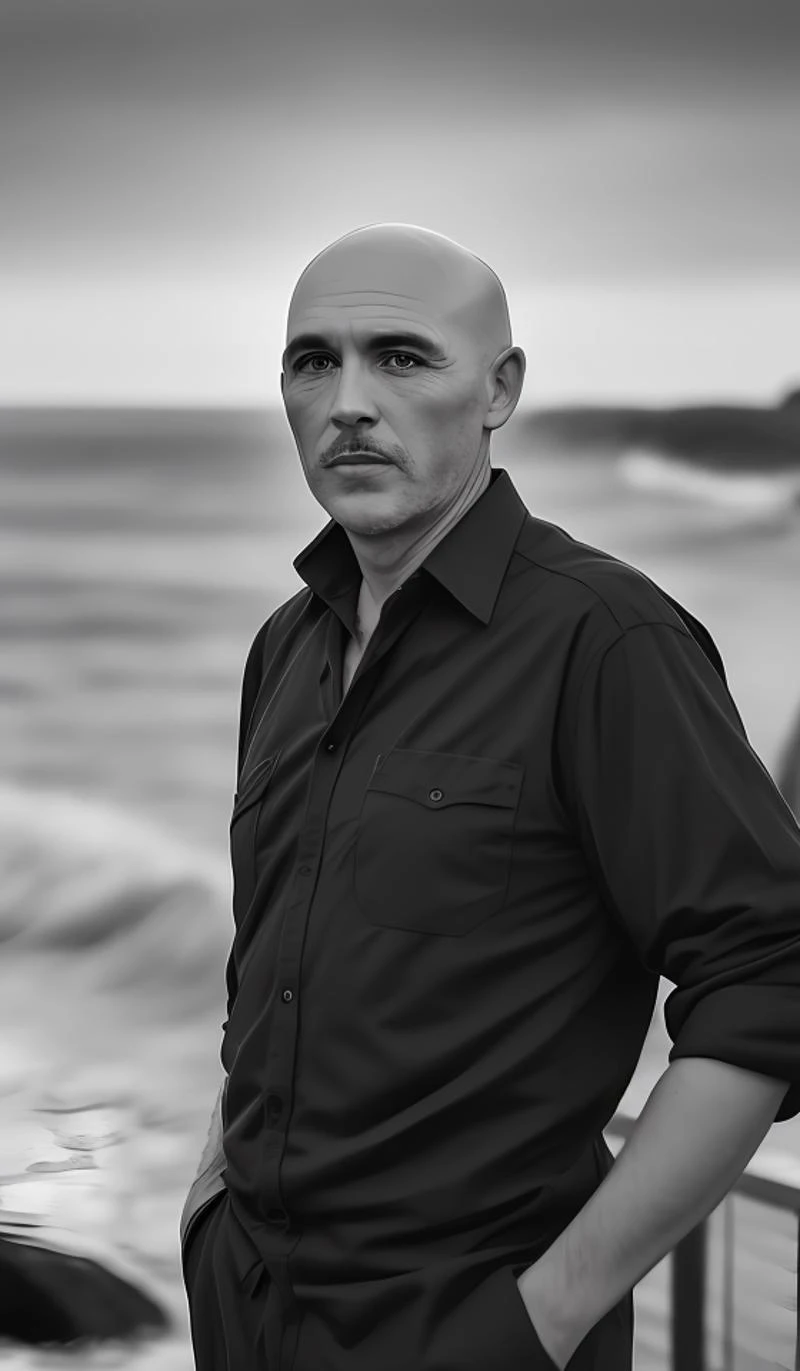 b&w photo of 42 y.o man in black clothes, bald, face, half body, body, high detailed skin, skin pores, coastline, overcast weather, wind, waves, 8k uhd, dslr, soft lighting, high quality, film grain, Fujifilm XT3