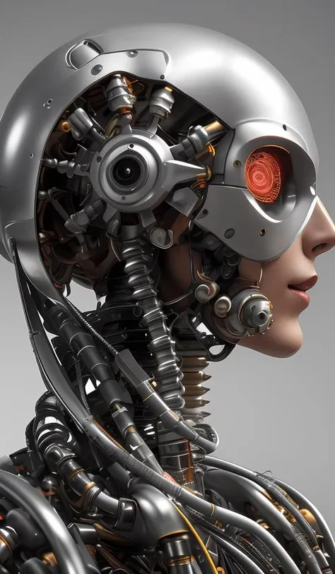 1mechanical girl,((ultra realistic details)), portrait, global illumination, shadows, octane render, 8k, ultra sharp,metal,intricate, ornaments detailed, cold colors, egypician detail, highly intricate details, realistic light, trending on cgsociety, glowing eyes, facing camera, neon details, machanical limbs,blood vessels connected to tubes,mechanical vertebra attaching to back,mechanical cervial attaching to neck,sitting,wires and cables connecting to head