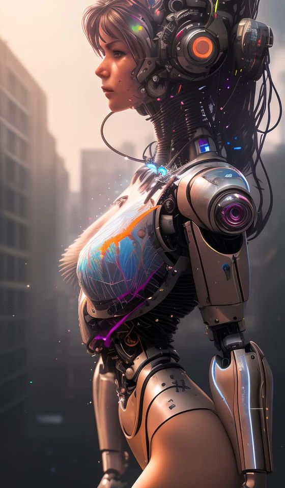 a cyborg robot, lights, scars, refractions, posing, ultradetailed, HD, 8K, highlights, good lighting, the most amazing effect, sci-fi,((art by carne griffiths and sean yoro))