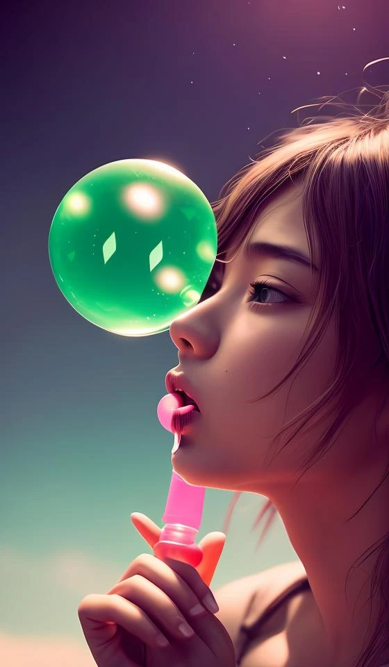 blowing bubble gum, green bubble gum,young girl, abstract dream, space, intricate, grand scale, alone, cinematic film still, insane detail, sharp focus, depth of field, realistic lighting, (realistic perspective), complex, (multiple subjects), 4k HDR, <lora:add_detail:0.5> <lora:more_details:0.25> <lora:FantasyWorldV1:0.25>