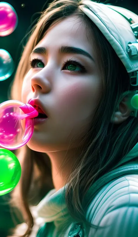 blowing bubble gum, green bubble gum,young girl, abstract dream, space, intricate, grand scale, alone, cinematic film still, insane detail, sharp focus, depth of field, realistic lighting, (realistic perspective), complex, (multiple subjects), 4k HDR, <lora:add_detail:0.5> <lora:more_details:0.25> <lora:FantasyWorldV1:0.25>