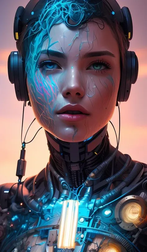 a cyborg robot, lights, scars, refractions, posing, ultradetailed, HD, 8K, highlights, good lighting, the most amazing effect, sci-fi,((art by carne griffiths and sean yoro))