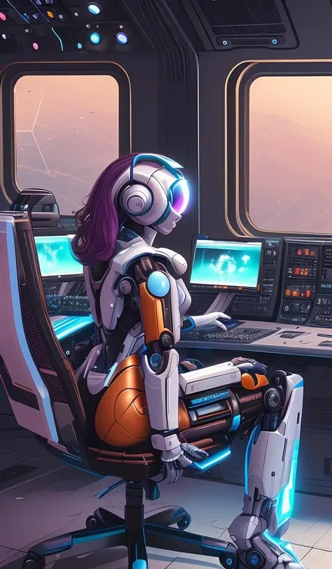 a woman sitting in a chair with a computer on it's back and a keyboard on her lap, Eve Ryder, laurie greasley, cyberpunk art, space art,
mecha pilot girl, smile, 1girl, mecha, cockpit, inside robot