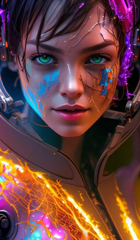 a cyborg robot, lights, scars, refractions, posing, ultradetailed, HD, 8K, highlights, good lighting, the most amazing effect, sci-fi,((art by carne griffiths and sean yoro))