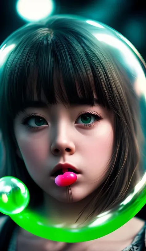 blowing bubble gum, green bubble gum,young girl, abstract dream, space, intricate, grand scale, alone, cinematic film still, insane detail, sharp focus, depth of field, realistic lighting, (realistic perspective), complex, (multiple subjects), 4k HDR, <lora:add_detail:0.5> <lora:more_details:0.25> <lora:FantasyWorldV1:0.25>